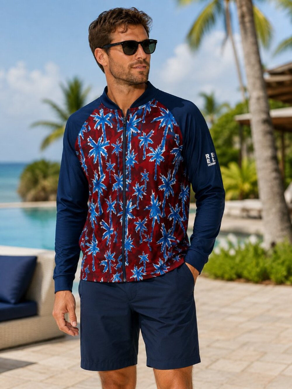 Reel Legends Men’s Large Red Blue Palm Tree Full Zip Performance Jacket *